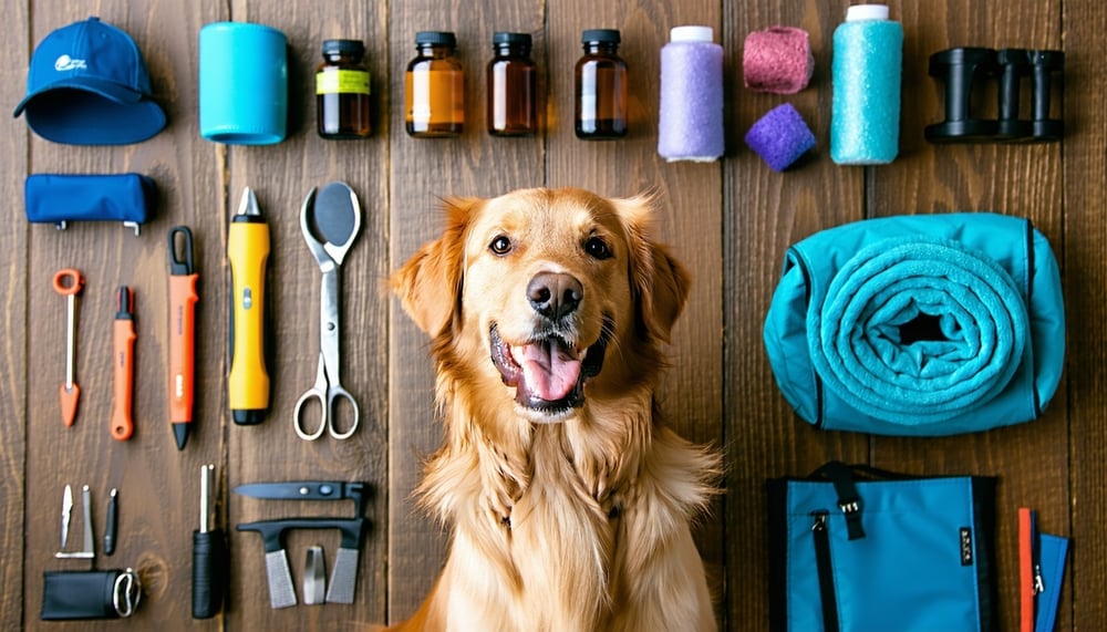 Selection of dog supplies with a happy dog Selection of dog supplies with a happy dog