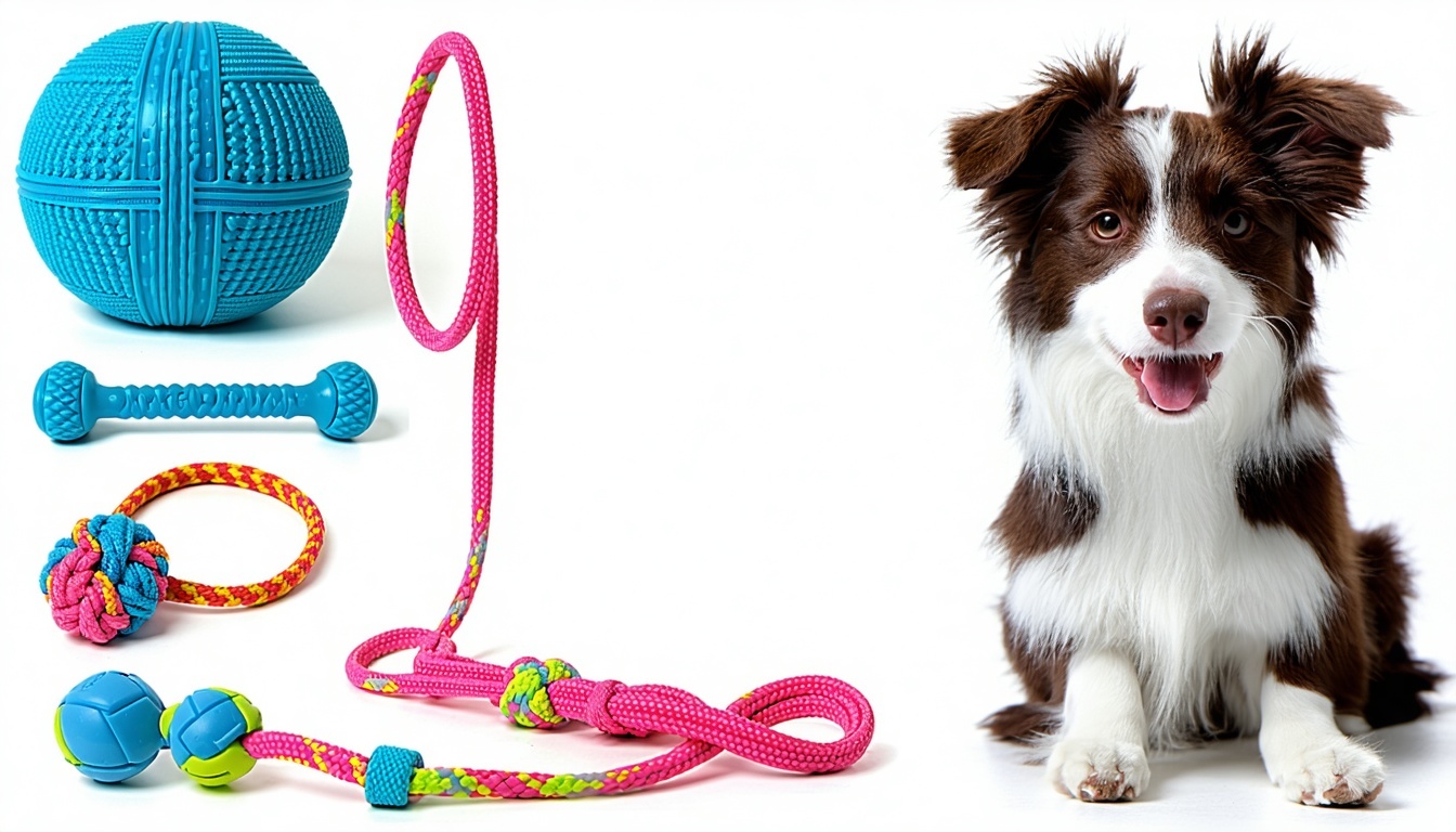 Selection of premium dog supplies including toys, leads, and beds